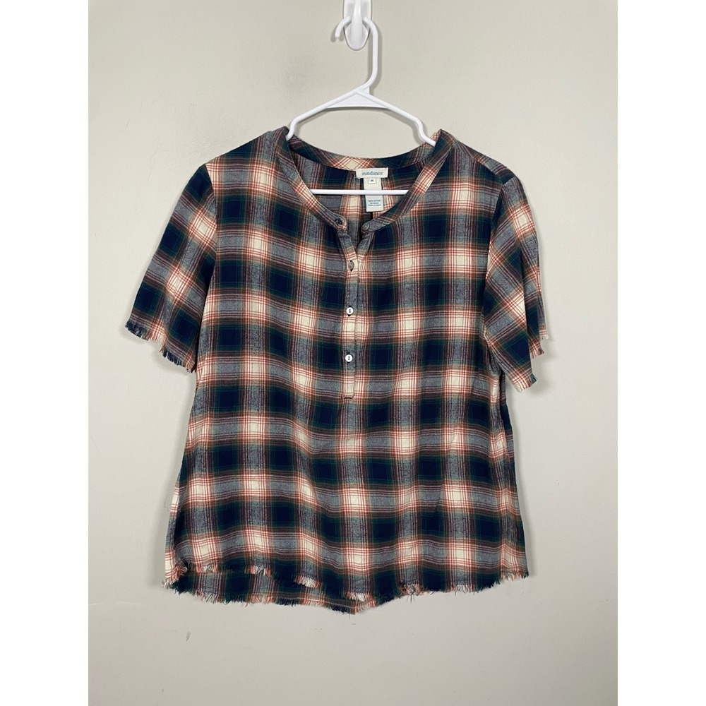 Sundance Plaid Short Sleeve Henley Top Size Medium Fall Boho Casual Western